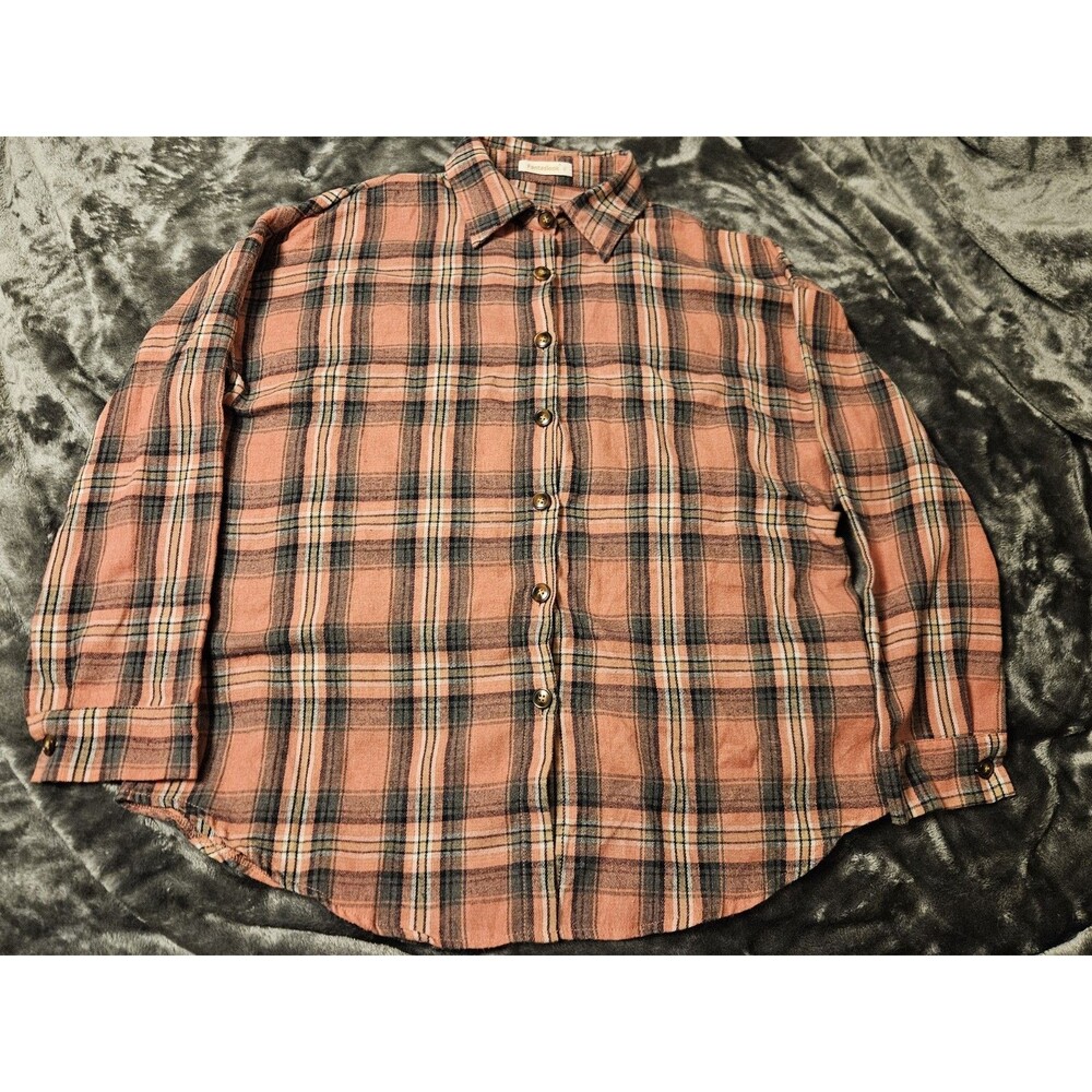 Fantaslook Womens's XL Flannel Plaid Button-Up Shirt Pink/Salmo Long Sleeve